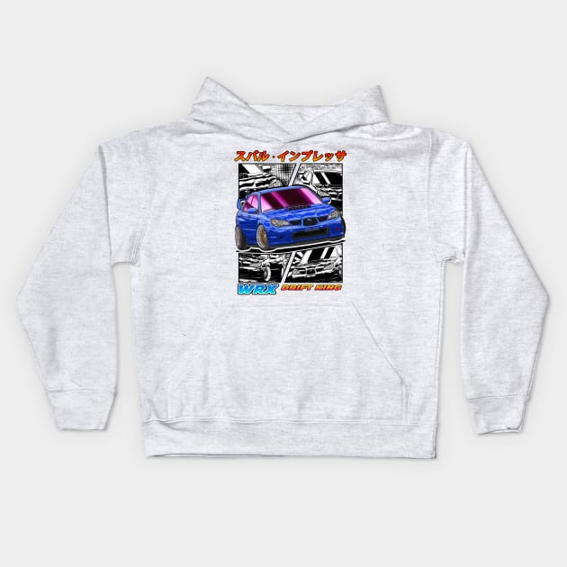 Blue Subie Impreza WRX STi Hawk Eye Drifting Kids Hoodie by Guyvit